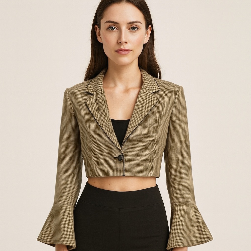 Storia Beige Houndstooth Crop Blazer Small Bell Sleeve Academia Officecore